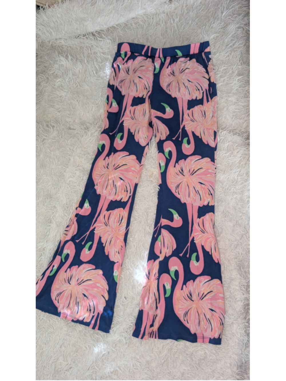 Lilly Pulitzer Wide Leg Pants Size L 8-10 kids Navy Pink Flamingo Print